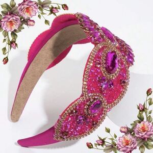 Pink Cubic Zirconia Decor‎ Headband Gorgeous Wide Edge Gem Rhinestone Headband